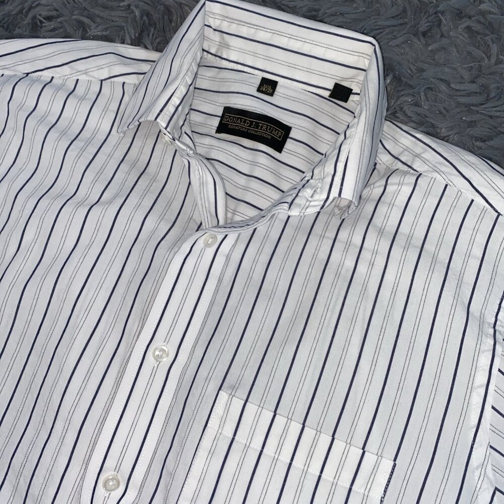 Donald Trump Sig Collection 15.5 34/35 White W/Blk Stripped Shirt‎ French Cuff